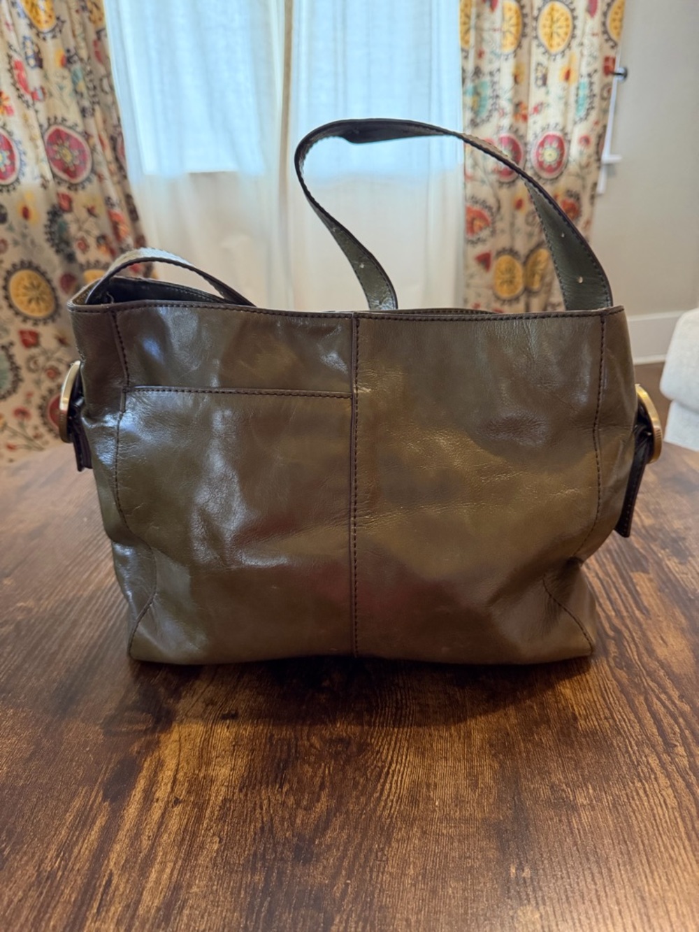 HOBO Olive Green Leather Tote Purse Floral Lining